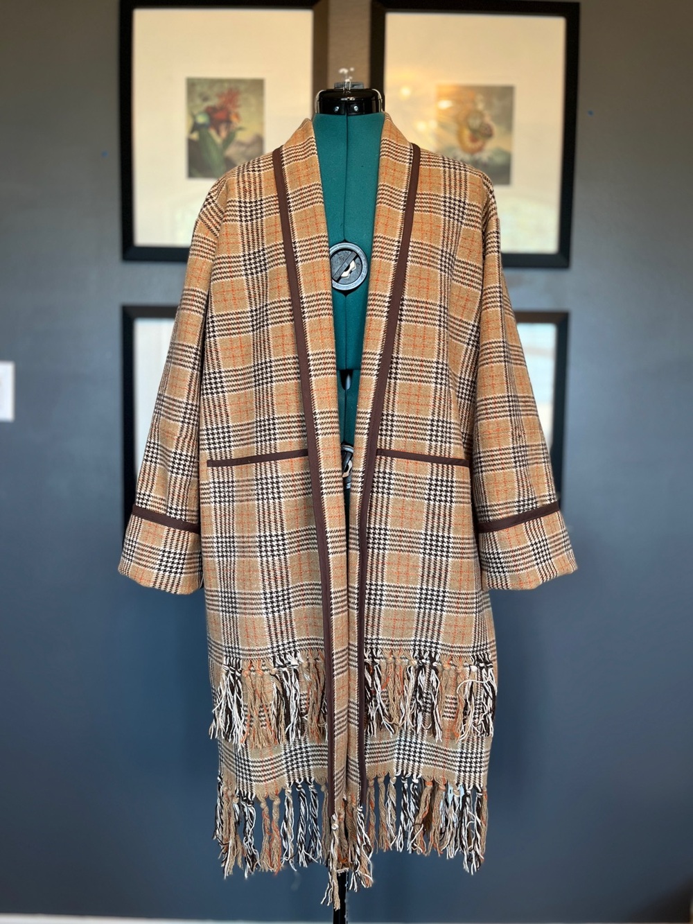 Neutral plaid cardi-coat, upcycled vintage fringed throw blanket, ladies’ M L